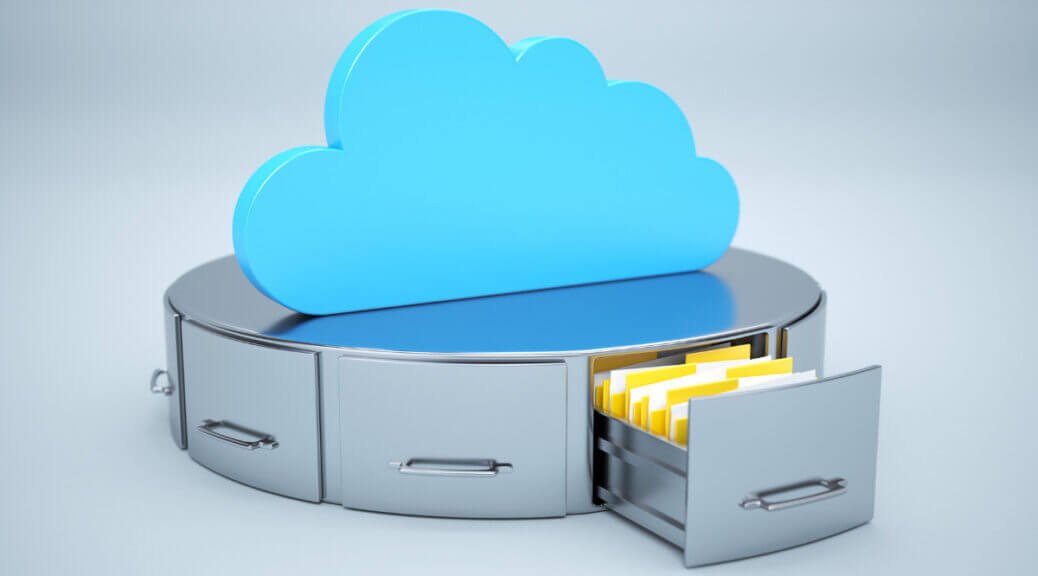 cloud backup illustration, cloud with drawers underneath with documents