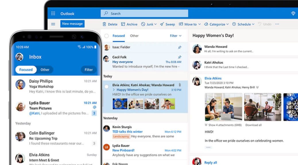 microsoft outlook app screenshot on smartphone and laptop